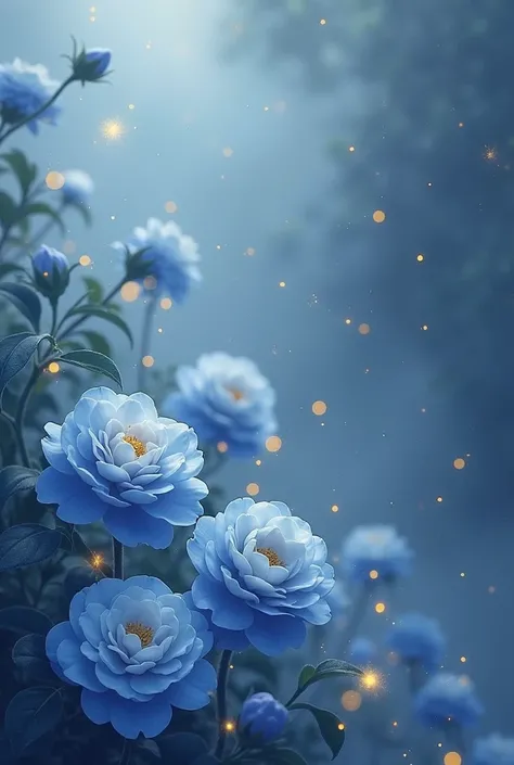 I want a pastel dark blue background with several blue Camellias growing with flying Fireflies.