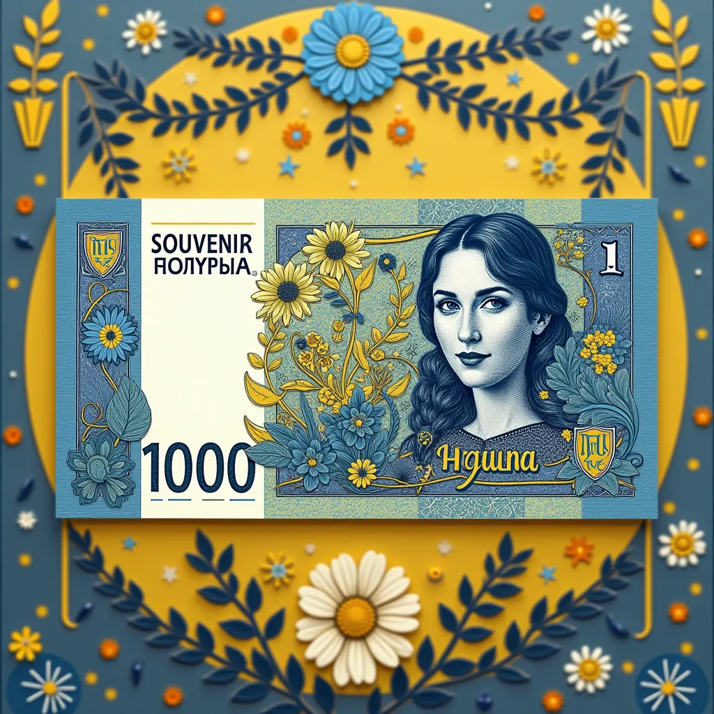 Souvenir money with an inscription "Souvenir Hryvnia", nominal 1000 UAH in Ukrainian style in yellow-blue colors. 