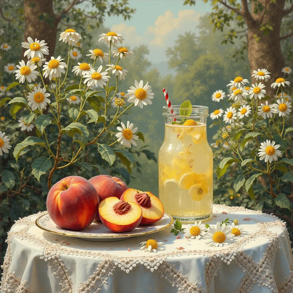 (( no one)) Victorian antique style, Accurate Old Encyclopedia  (best quality:1.2), ( details:1.2), (masterpiece:1.2), (( vintage illustration of a garden on a sunny day , Peach on a plate ,  a glass of lemonade , Lace Tablecloths,  calm,  soft iridescent ...