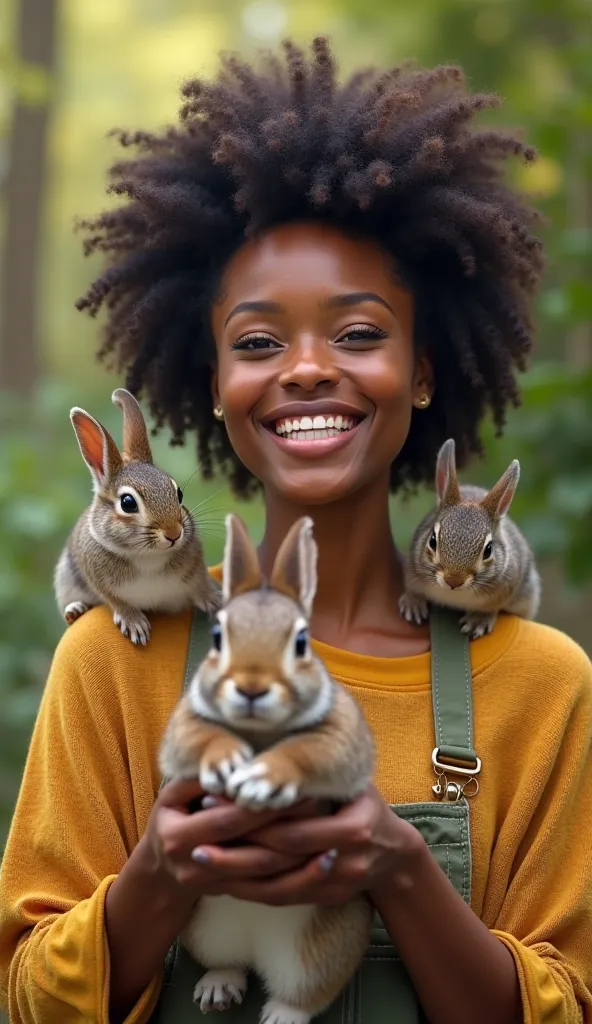 UNE DAME AFRO EN JOIE AVEC UN LAPIN DANS SA MAIN ET UNE ECUREILLE SUR SON EPAULE PHOTO IA REELLE