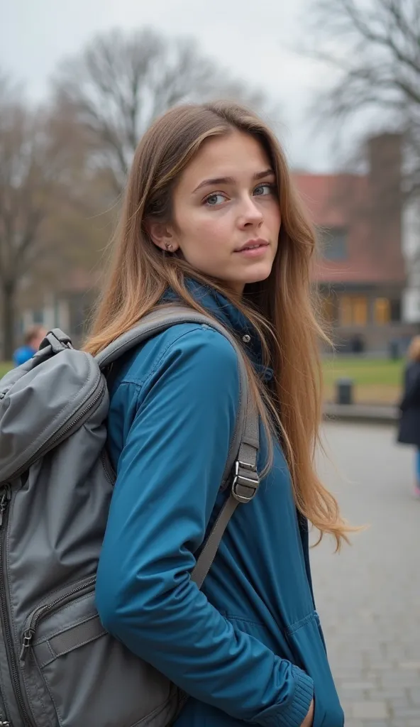 Image is a digital graphic with a rectangular layout, featuring a young woman with long, light brown hair and fair skin, looking over her shoulder. She is wearing a blue jacket and carrying a large gray backpack. The background shows a blurred outdoor sett...