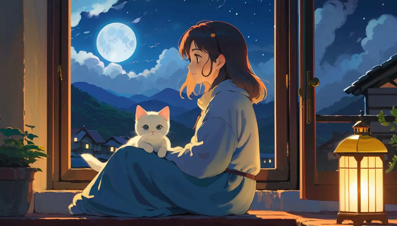 The style of Ghibli animation，The night sky appears deep and calm，The clouds are very thick，moonlight shines through a gap in the clouds， looked soft and warm 。a girl，Sitting by the window，There is a cute kitten next to it，His eyes gaze into the distance，T...