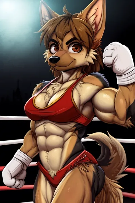 Small female German shepherd dog with brown and cream-colored muscles and fur and beautiful brown eyes and her muscles are well toned and well defined and she is a girl and she is very pretty and she is a fighter of fights.