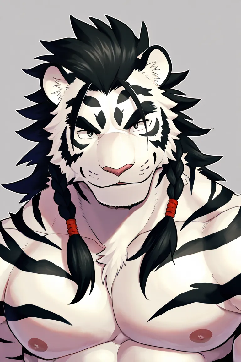 furry。solo、White Tiger Beast、 black hair、handsome、Yankee、bad、male、braids、maleらしい、