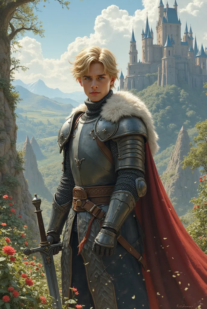 Blonde blue eye knight fantasy young man, a bit of fur on his cape