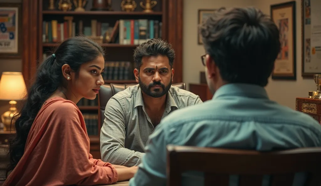  a 19 year old south Indian girl and a 25 year old handsome but shabby looking south Indian man are sitting in the office of a 35 year old male movie director and talking to him grimly.