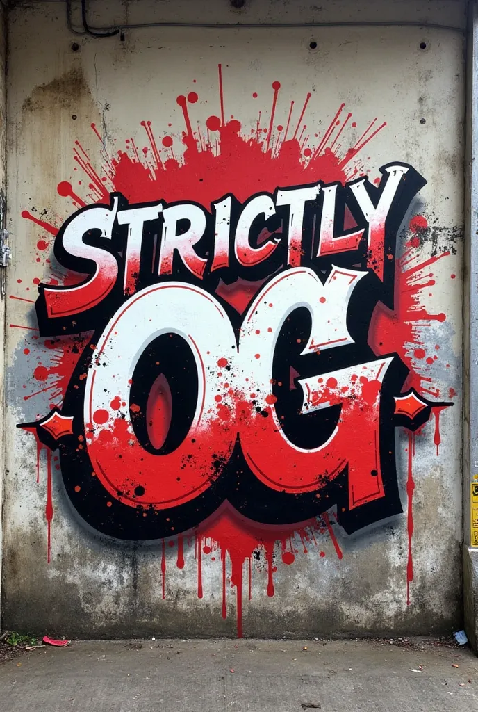 A Japanese hip hop styled piece of graffiti [ intricate, Splatter] saying Strictly OG[Red,White,Black]