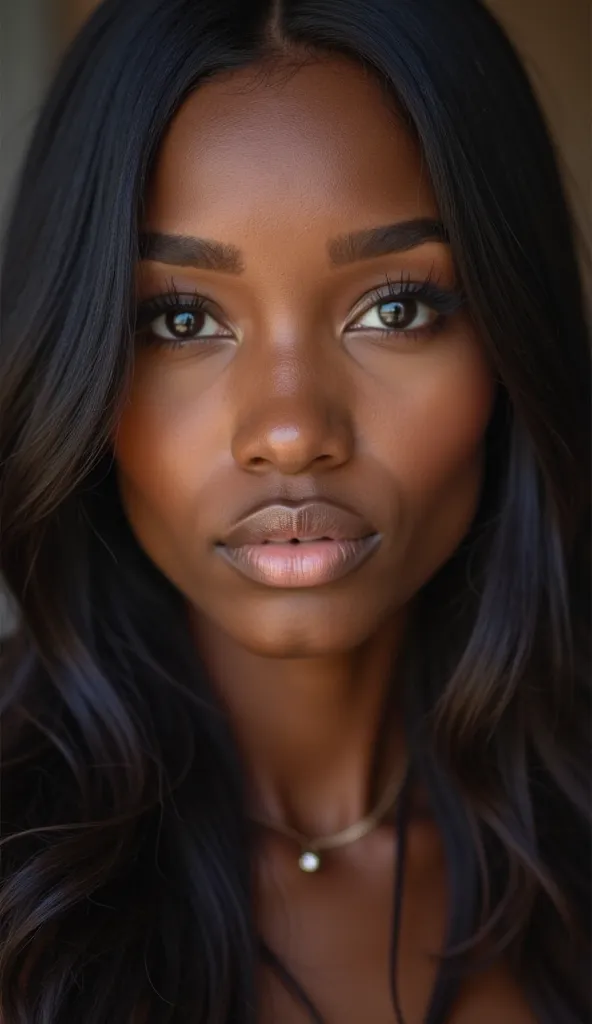 cute beautiful long hair black girl closeup, eye opend.