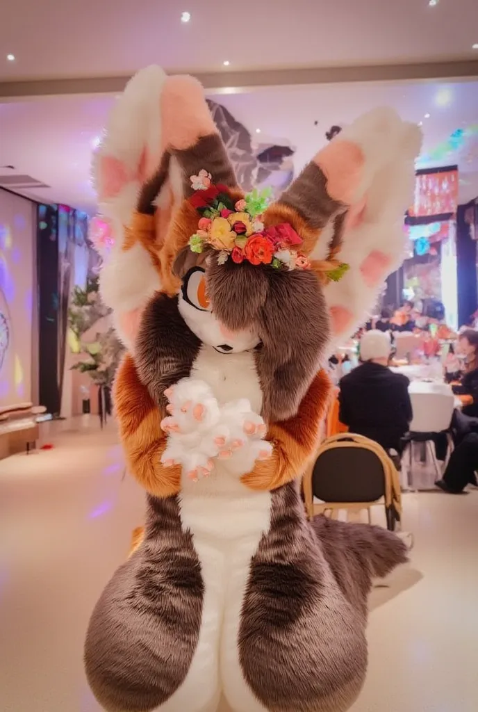 cute fluffy autumnal fennec fox girl with long dark brown hair, with intense eyelashes, orange flower crown, in a convention center, with angel wings, hands covering her mouth, orange eyes, black nose