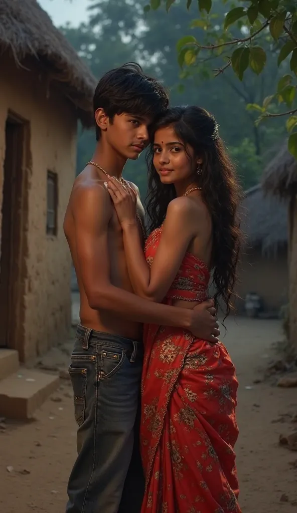 Two 13years old indian  couple in an intimate romantic picture in night background village an mud house girl is wearing hot sexy saree