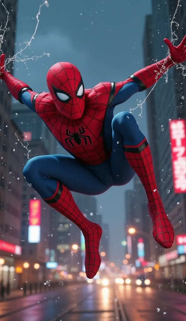 "A cinematic 3D-rendered image of Spider-Man in his classic red and blue suit, swinging through the city at night when suddenly his web snaps. His eyes widen in shock, and his body flails in midair. Below him, the streets are illuminated by neon signs and ...