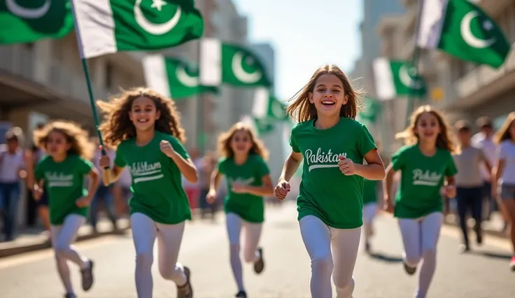  The girls are running over the street. They are wearing white tights and wearing a green color t-shirt and on top of the t-shirt is written Pakistan. Each girl has Pakistani flags in her hands.