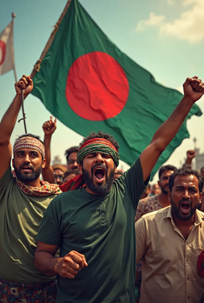 Screaming a energetic brave Bangladeshi men against criminal government, Bangladeshi flag hang on his forehead. 