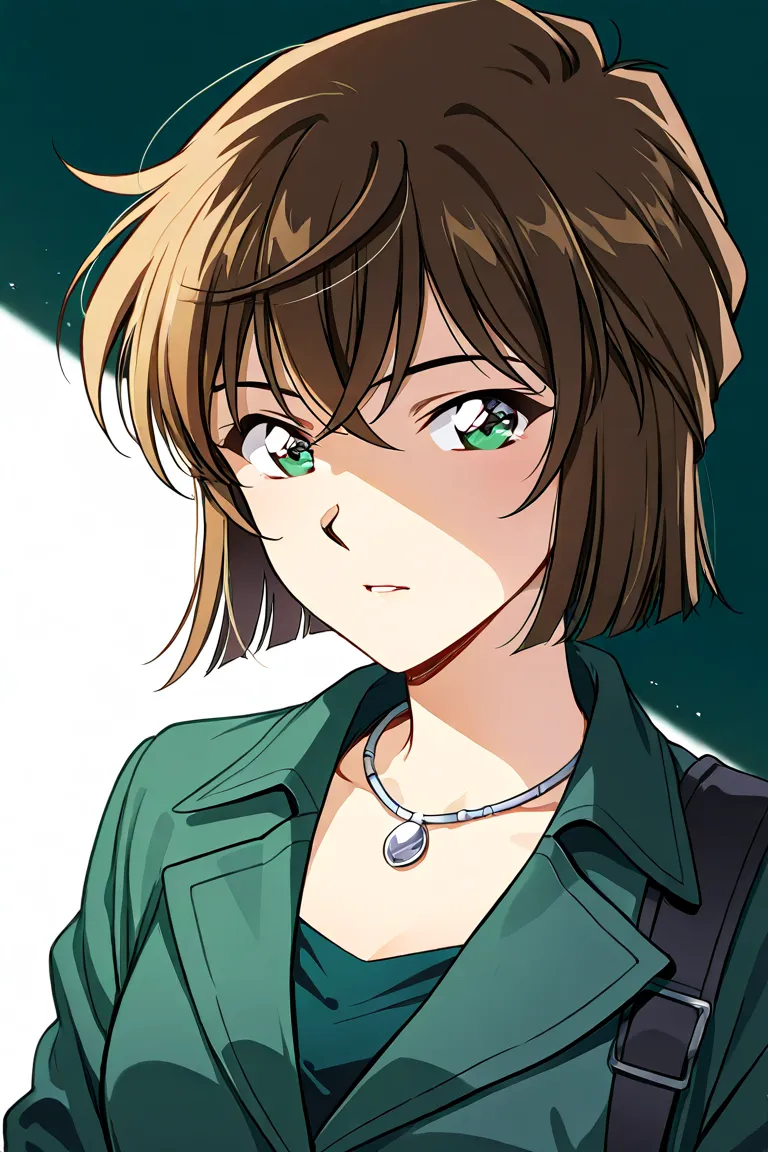 Image is an anime-style digital illustration featuring a stylized portrait of a beautiful detective lady with fair skin and long, straight brown hair that partially covers one eye. She has piercing green eyes and wears a dark green jacket over a light-colo...