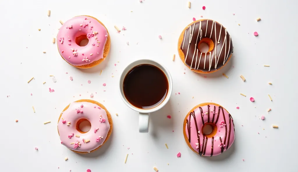 Colorful donuts, pink frosted donuts, chocolate striped donuts, coffee cup, overhead view, white background, hard shadows, minimalist composition, vibrant colors, food photography, pastel pink, rich brown, crisp details, aesthetic arrangement, square forma...