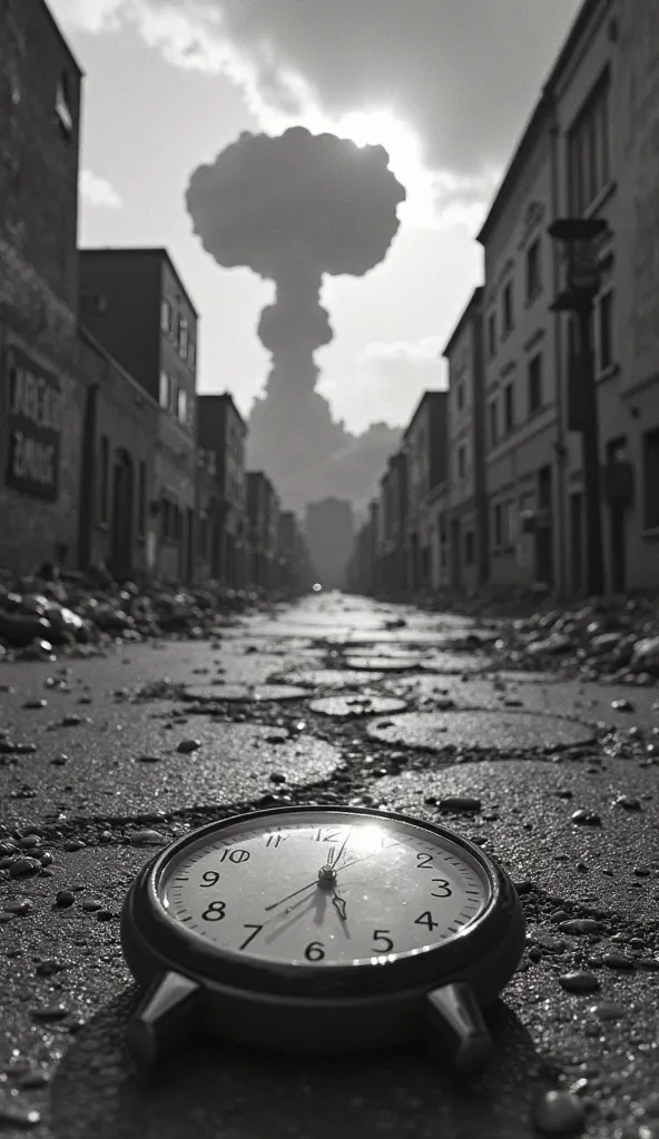 A haunting image of Hiroshima right after the bomb. A mushroom cloud dominates the sky, while in the foreground, a broken watch lies on the ground, stopped at 8:15 AM. The streets are filled with shadows imprinted on walls, remnants of those who once stood...