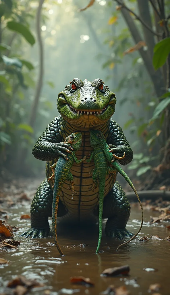 "A fierce and powerful crocodile standing in a swampy jungle, gripping two lifeless chameleons under one of its front legs. The crocodile's mouth is slightly open, revealing sharp teeth, and its eyes have a cold, dominant stare. The chameleons' bodies hang...