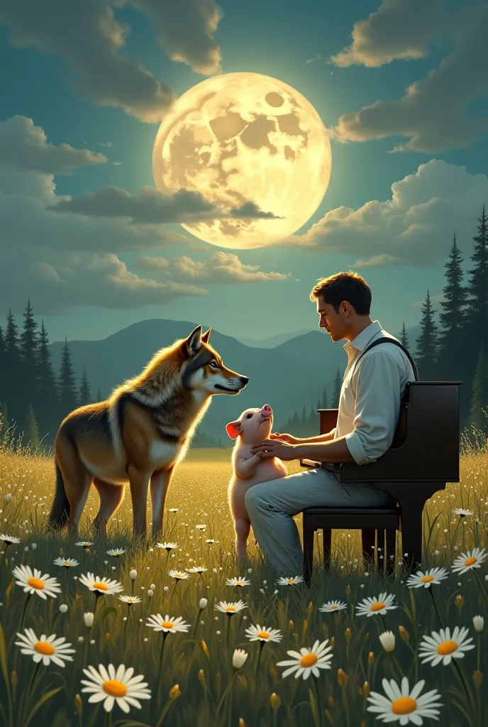 
A wolf and a pig separated during the full moon, a man playing the piano in the middle of a daisy field