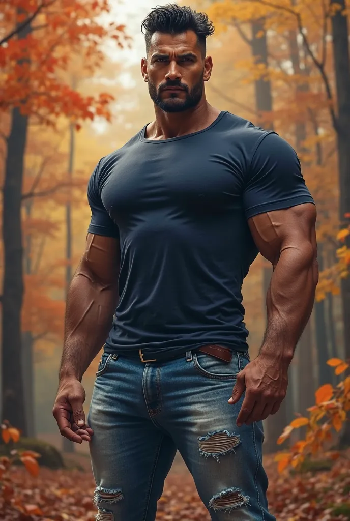 Strong tall man wearing dark blue t-shirt and ripped jeans on his knees light blue with black hair sharp nose very handsome with a forest in autumn behind him 