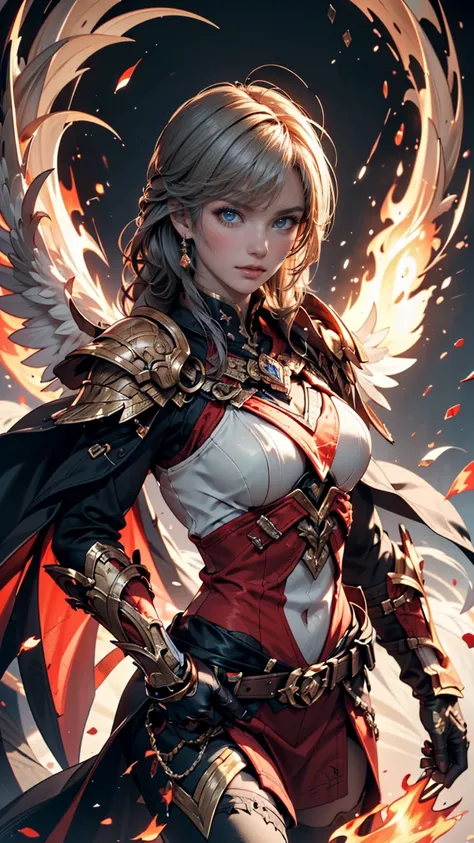 ((super fine illustration, 8k, masterpiece :1.2, sharp concentration :1.2, depth of writing:1.2)), Beautiful female swordsman, absurd, highly detailed facial and skin textures,  Silver Hair, Jet Black Armor, Flame Armor, You can catch a glimpse of the dete...