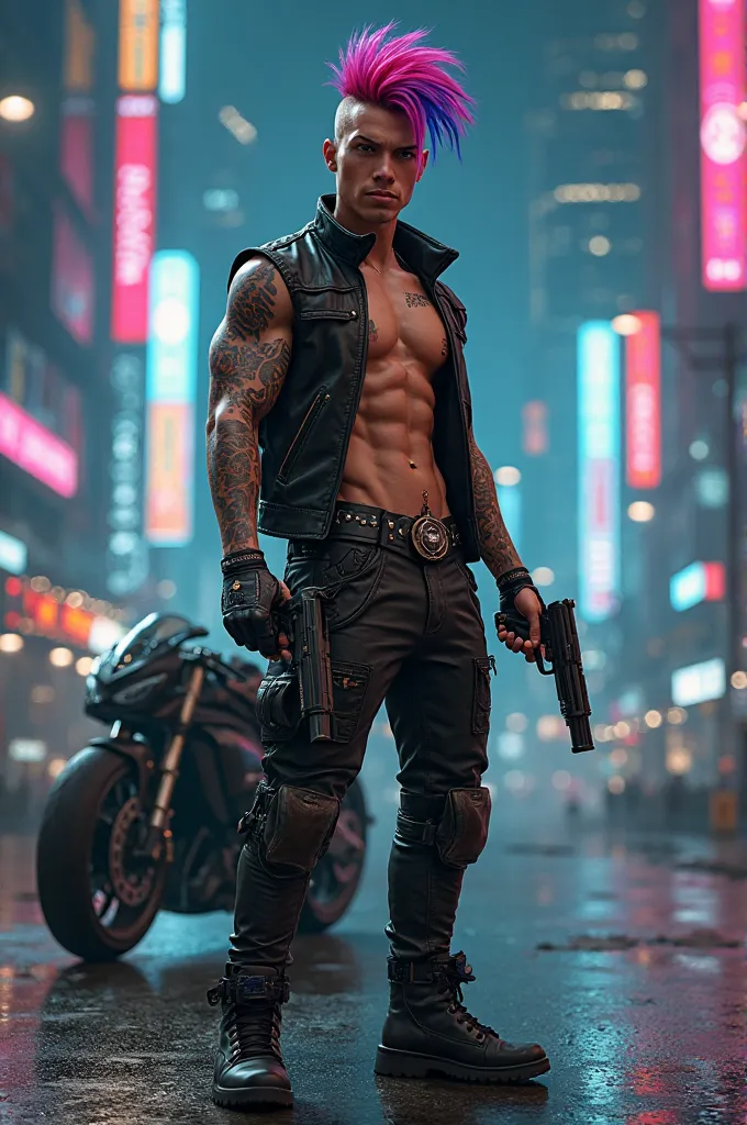 Create an image in the futuristic cyberpunk style of a handsome young man, with pink and purple mohican hair, technological tattoo on the side of the head,  Sleeveless black jacket , bare torso with arms tattooed with tribes, cyber hand holding a futuristi...