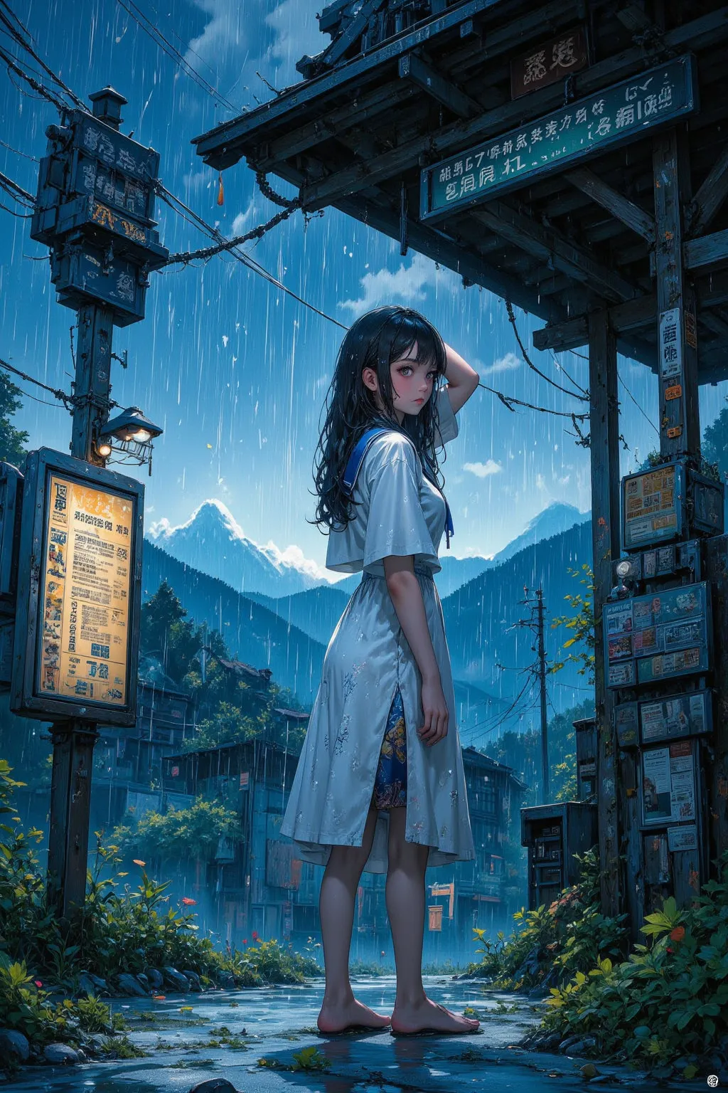 Oil and acrylic painting on canvas depicting a summer evening rainstorm at a countryside bus stop. A girl in simple summer sailor attire seeks shelter from the rain, with droplets flowing from the bus stop’s eaves highlighted for emphasis. The scene is ren...