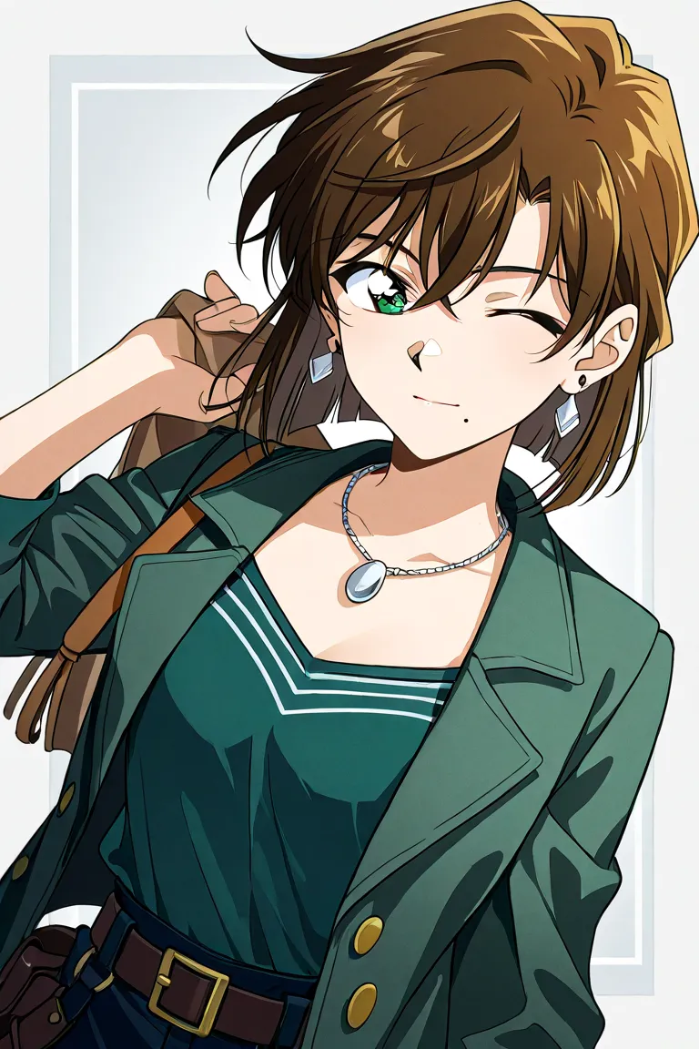 Image is an anime-style digital illustration featuring a stylized portrait of a beautiful detective lady with fair skin and long, straight brown hair that partially covers one eye. She has piercing green eyes and wears a dark green jacket over a light-colo...