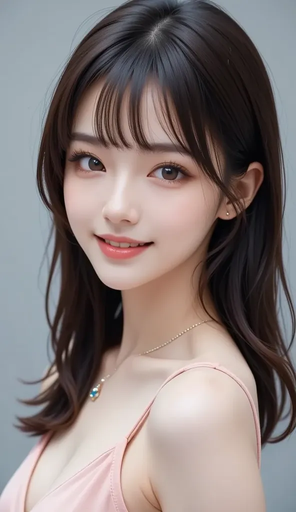 There is a woman with long black hair, black hime cut hair, long pale black hair, long black hair with bangs, long black hair, hime cut, hime cut hairstyle, straight super long hair, full makeup, eyeshadow, straight long black hair, super long hair with ba...