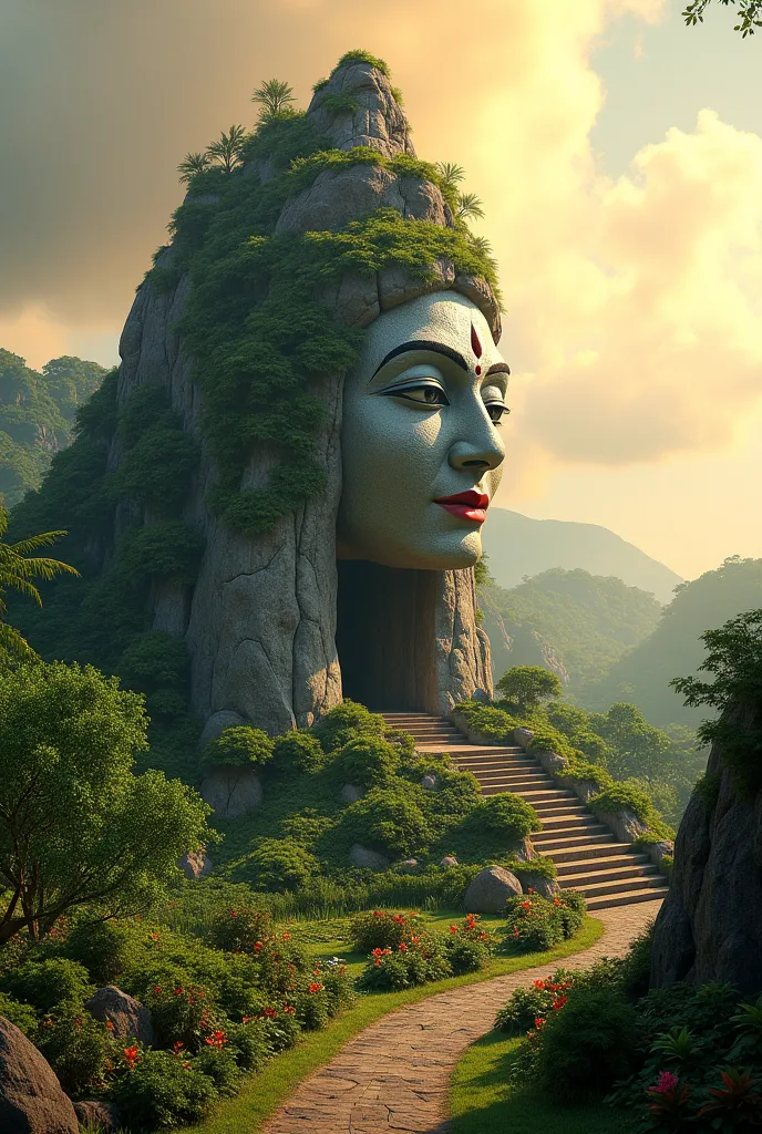 Garden on the island large hill rock shaped like the face of Lord shiva parvati HDR lips red  very beautiful 