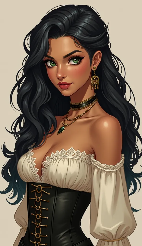 Fire Emblem Art Style, a stunning arab young woman with dark green eyes, simple jewelry, long black wavy hair. She has a confident, alluring expression. Her skin is tanned. Her outfit consists of a off-the-shoulder peasant blouse with lace details, cinched...