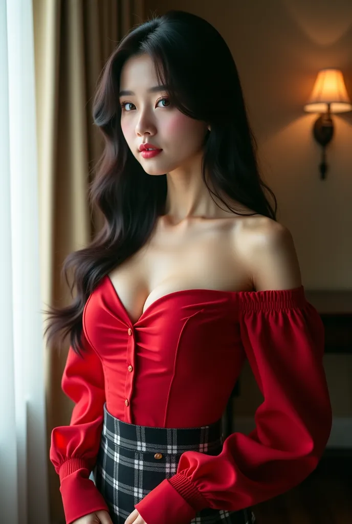 Real photo, (Best quality, master piece, high resolution) a young korean idol, most beautiful girls, perfect body, perfect breaset, Charming eyes，Heartwarming action, her face away from the camera，stooped，Bend over，turn back, infront，Look up at your head，t...