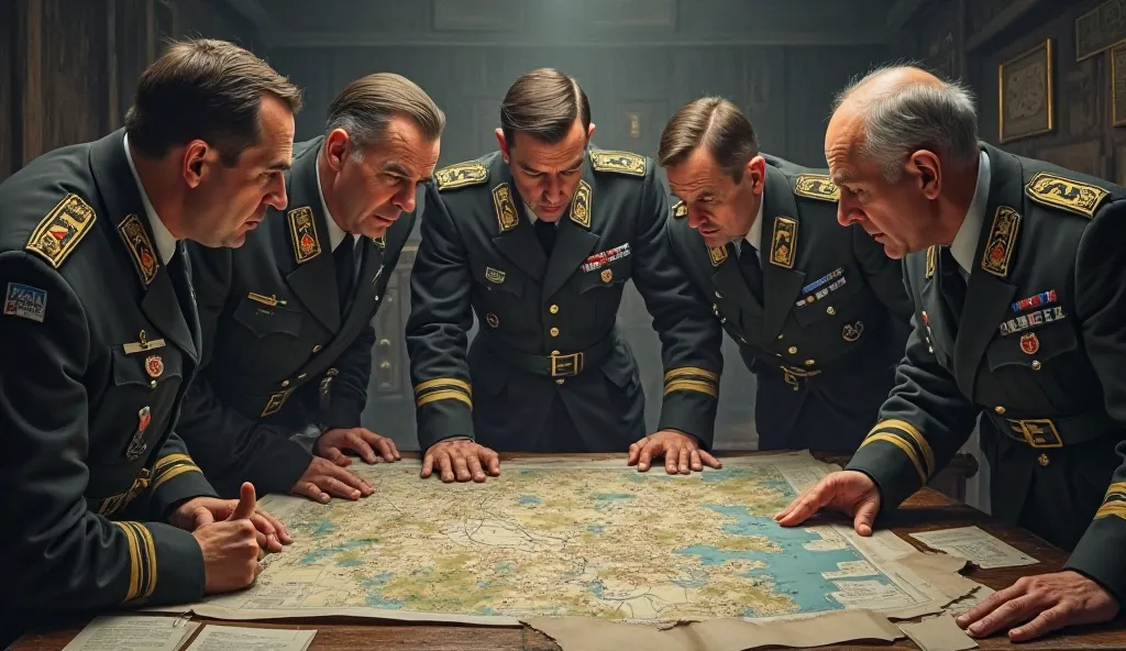 German officers standing over a large battlefield map, discussing their invasion strategy.