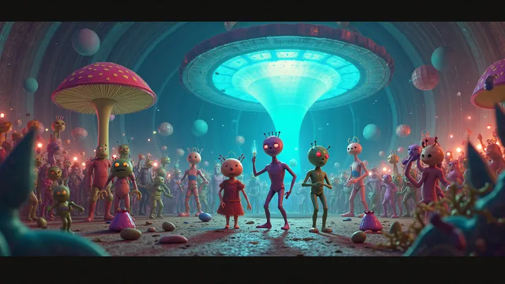 "A dynamic, slightly aged 1960s sci-fi adventure film still. A massive hot tub-like crater glows in neon blue as colorful alien creatures dance and groove under a disco ball hanging from a giant floating mushroom. ToeJam and Earl show off their dance moves...