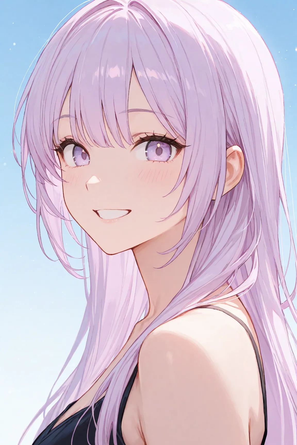 A woman with long hair, light purple hair, and light purple eyes、 smiling 
