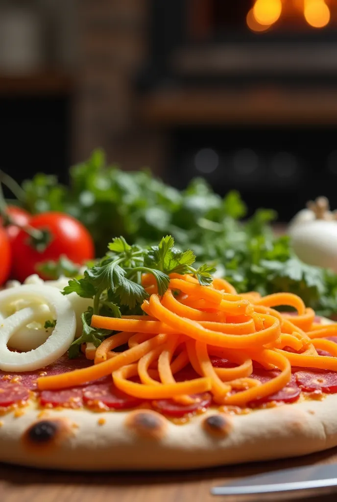 Video with vegetables falling cut in julienne PrE pizzas on the stone in the background