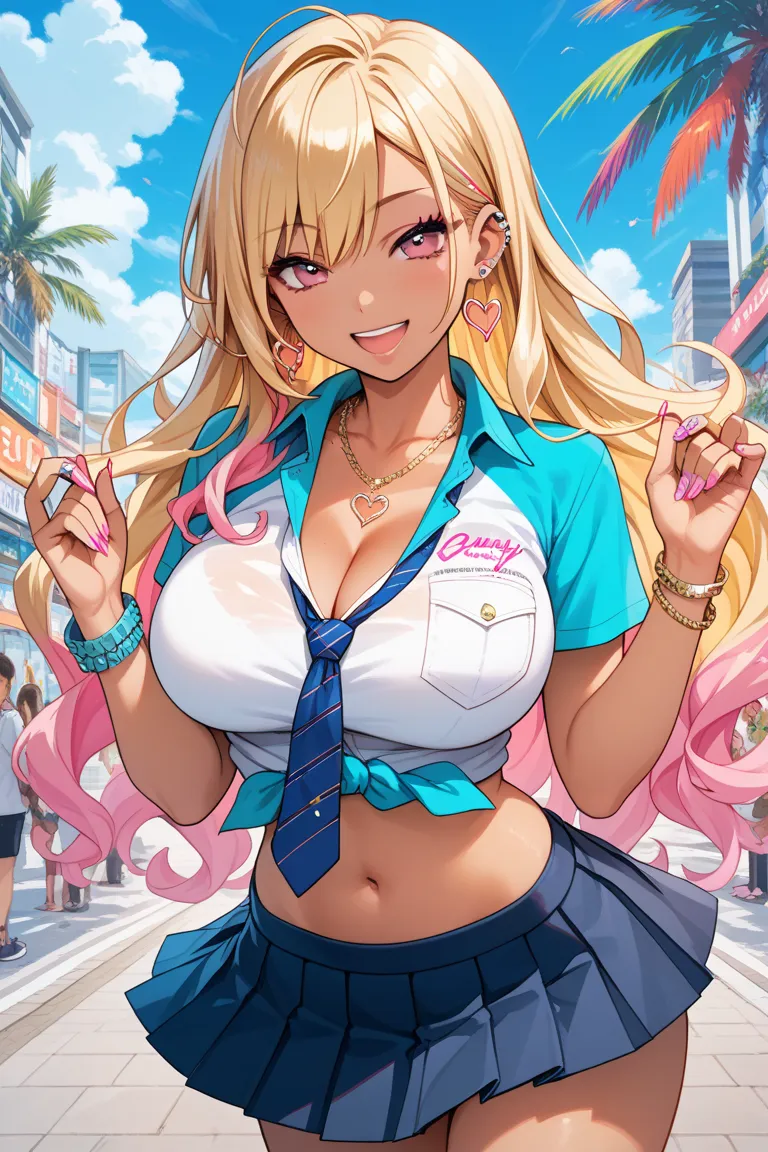 KJOmarin, blonde hair, long hair, pink eyes, earrings,  ear piercing, multicolor hair, score_9, score_8_up, score_7_up,  source_anime, masterpiece,best quality, Big Breasts, color shirt, shirt with tie, Pleated Skirts, Flashy修正, happy, Flashy,Too many acce...