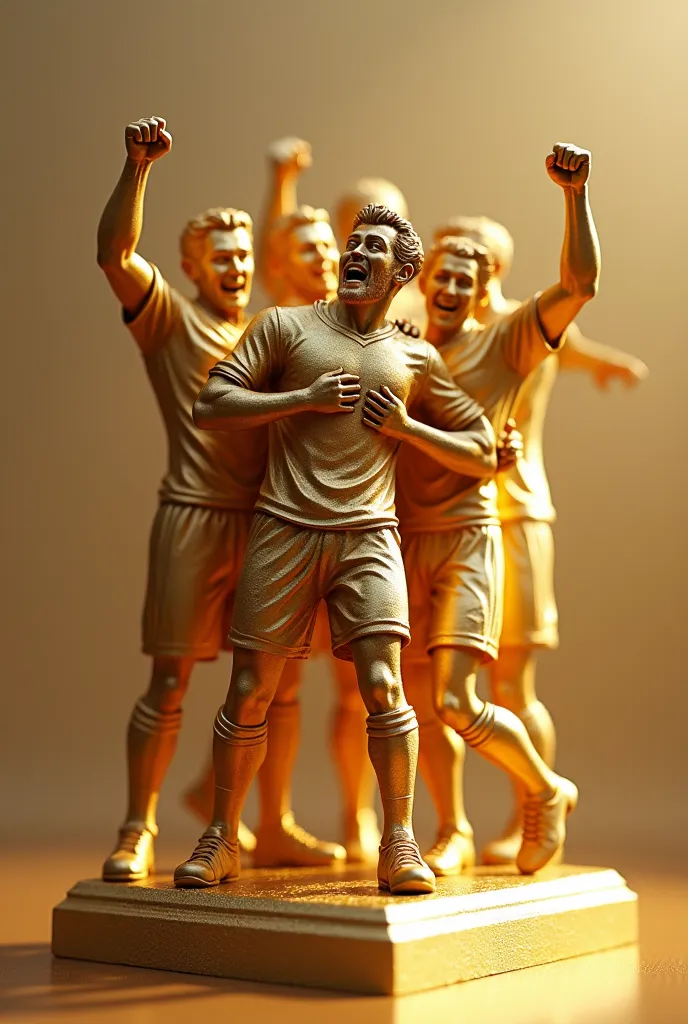  stunning 3D digital artwork of a triumphant soccer team golden trophy. The team, initially losing, makes a legendary comeback, capturing the moment of their final goal. The players, sculpted in radiant gold, showcase raw emotion—some raising their fists, ...