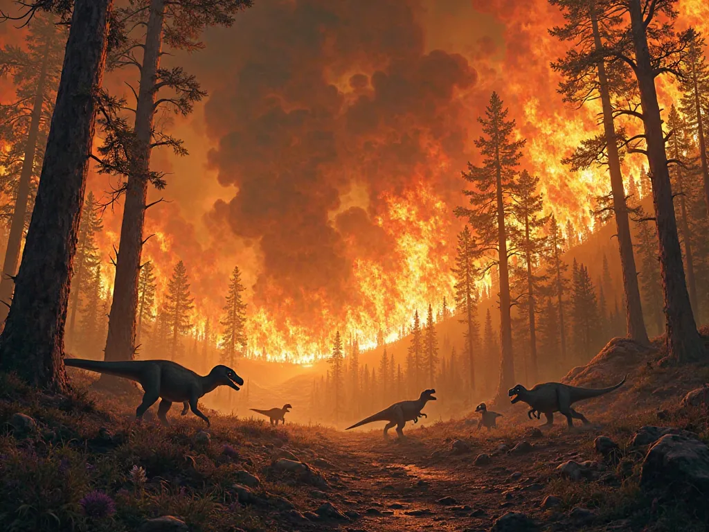 A devastating fire devours a prehistoric forest, with tall orange flames and black smoke rising into the sky. Herbivorous dinosaurs run in panic as predators move in the shadow of the flames.

