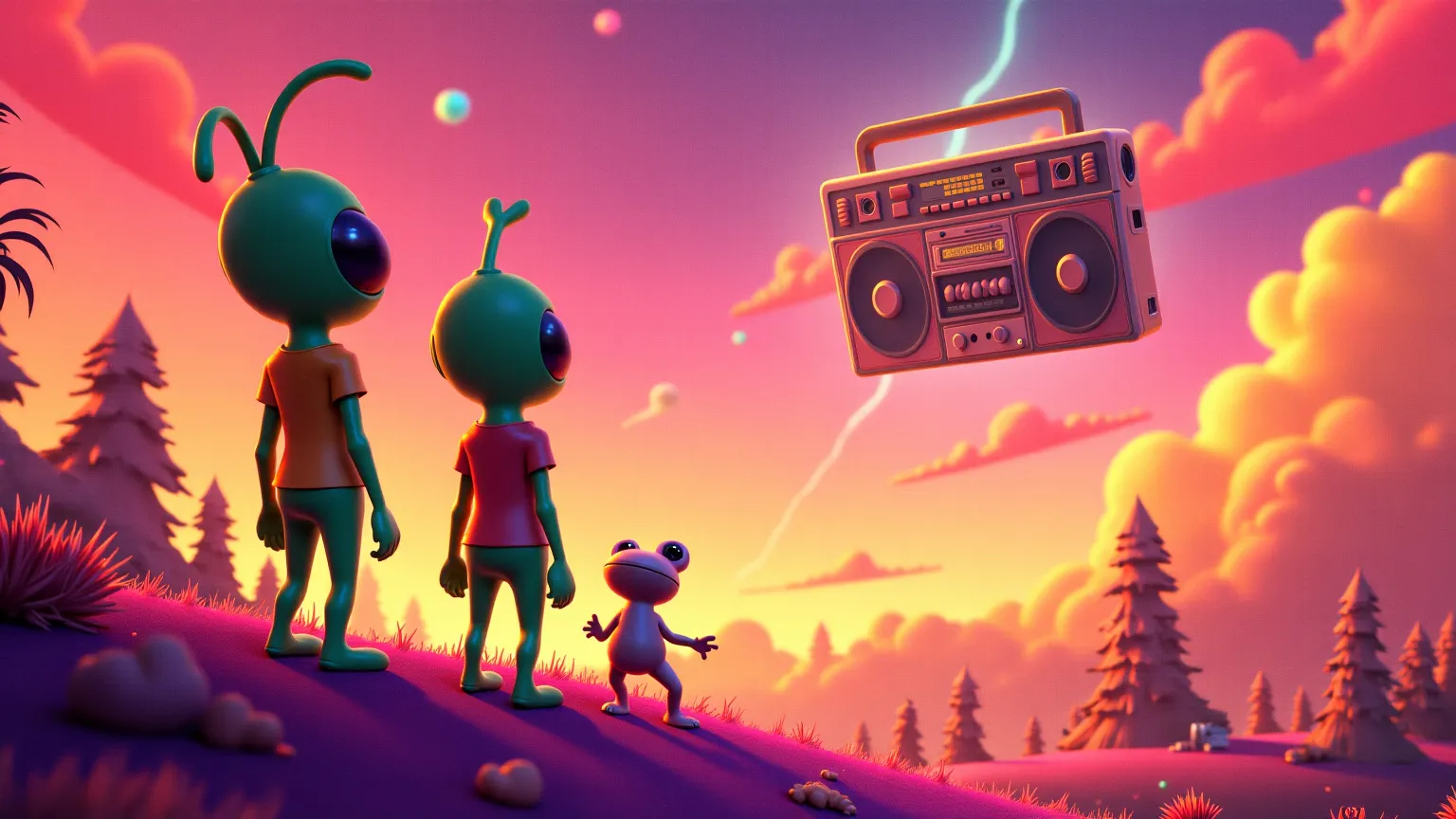 "A joyful, colorized 1960s-style film still. The planet Funkotron has returned to its bright, groovy colors. ToeJam and Earl stand on a hill, watching as funky aliens dance, Earthlings are peacefully trapped inside glowing orbs, and a giant boombox floats ...