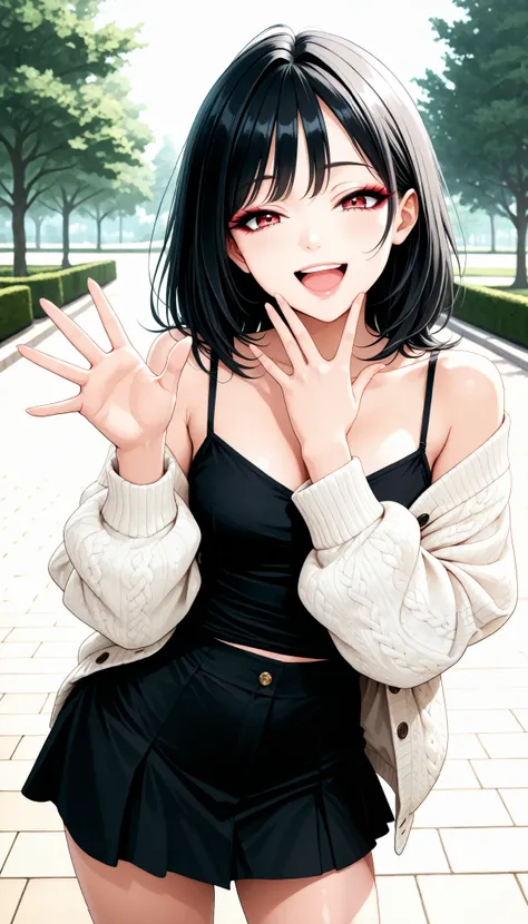 sexy women, Fashion Model Body Type, black hair, medium hair, straight hair, Red Eyes, ( laugh, extends one hand, Stretch), white knit cardigan, black camisole, black culotte skirt, beautiful eyes, beautiful lips, very detailed目と顔, long eyelashes, (cowb...