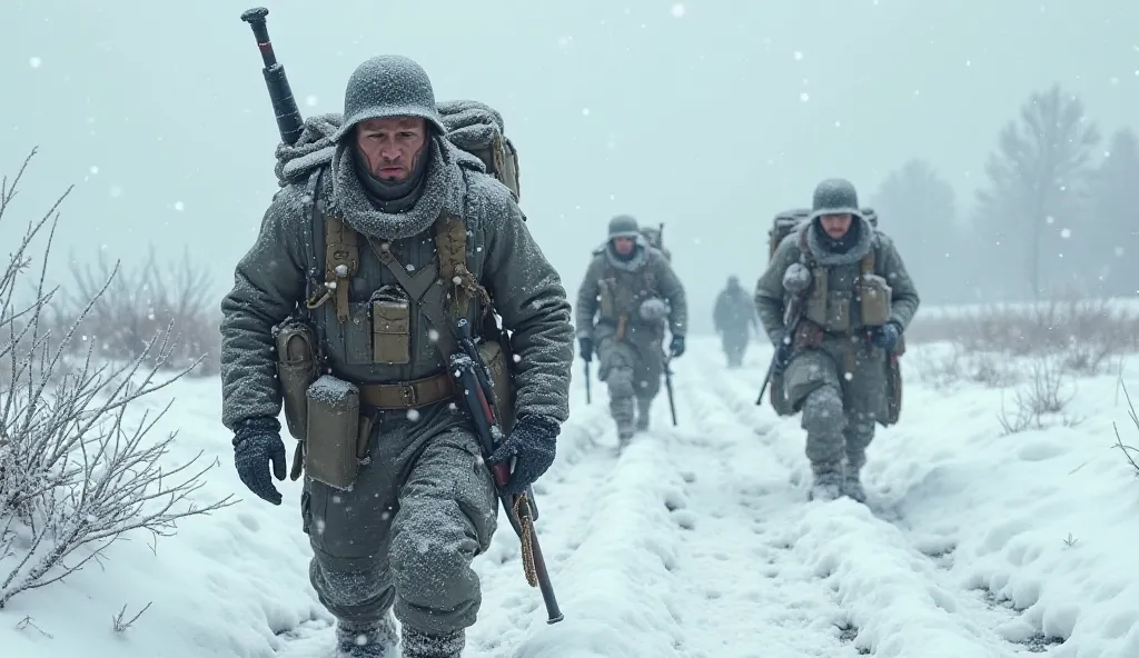 A group of frozen German soldiers struggling to march through a snow-covered battlefield, frost covering their uniforms.
