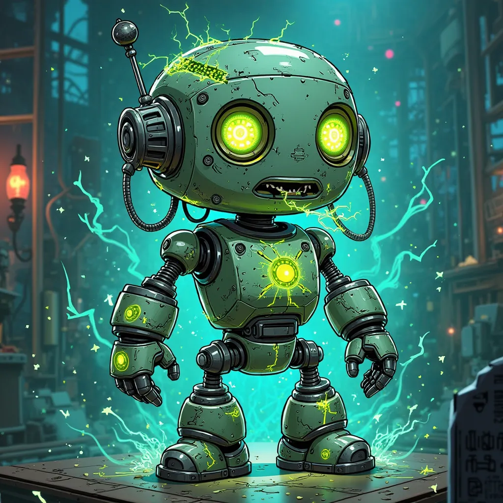 A chaotic cyberpunk robot in a cartoon style, full-body pose, beat-up gray body with glowing neon-green cracks that pulse with energy, large expressive green eyes with a glitch effect (one eye blinking faster), a crooked antenna sparking with pixelated ele...