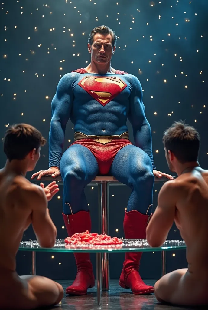 superman with 3 people, active interaction, on the stage, twinkle lights, spotlights main figure, background detailed, unforced behavior, dynamic movement, dynamic facial expressions, Act naturally, Randomize camera angles, superman sits on the transparent...