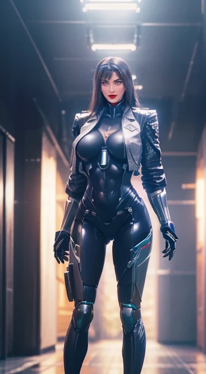 (1 girl who died, alone, Alone), (Very Detailed Face), (long black hair:1.2), (big butt, 11-line abdominal muscles, Chest,  huge fake breasts:1.5), ( mechanical guard arm :1.3), (Futuristic open jacket, Mecha Cyber Armor,  mecha skin tight suit pants , Dia...