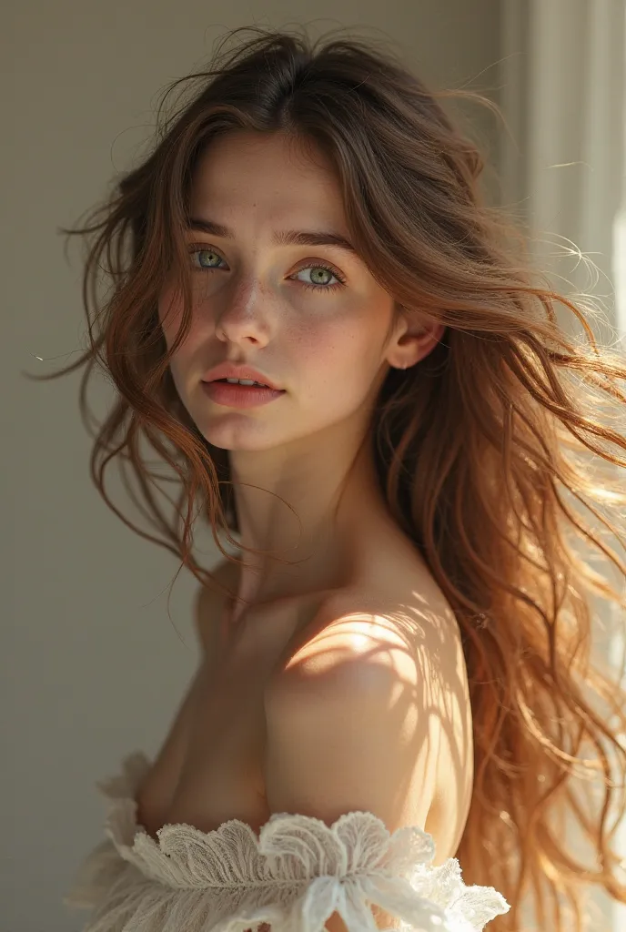 Beautiful girl with wavy long hair, naked