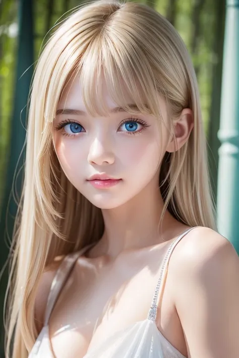 portrait on bamboo shoots、very white high school girl、Young, white, shiny skin 、Best Looks、Blonde Reflected Light 、 Platinum Blonde Hair with Dazzling Highlights 、 shiny bright hair 、 super long straight hair 、Shiny, beautiful bangs、Shining crystal clear, ...