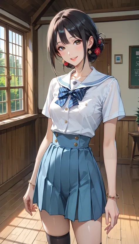 score_9, score_8_up, score_7_up,  source_anime,masterpiece,best quality,beautiful detailed eyes, beautifully detailed lips, extremely detailed eyes and face,  long breasts, 1 female, 45 years old ,mature woman,smile , school uniform,Hide and take off your ...