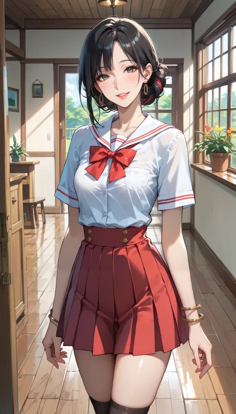 score_9, score_8_up, score_7_up,  source_anime,masterpiece,best quality,beautiful detailed eyes, beautifully detailed lips, extremely detailed eyes and face,  long breasts, 1 female, 45 years old ,mature woman,smile , school uniform,Hide and take off your ...