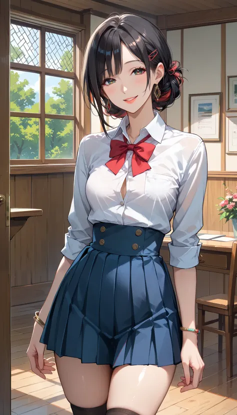 score_9, score_8_up, score_7_up,  source_anime,masterpiece,best quality,beautiful detailed eyes, beautifully detailed lips, extremely detailed eyes and face,  long breasts, 1 female, 45 years old ,mature woman,smile , school uniform,Hide and take off your ...