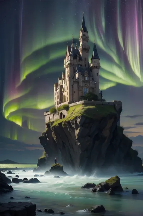 Western castle with towering towers. It is a majestic building built on a cliff that could collapse at any moment.. The castle is illuminated by the light of the aurora borealis., A mixture of colours shining.The artist uses absorbent ink、 blur the boundar...